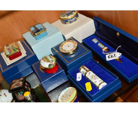 EIGHT VARIOUS HALCYON DAYS ENAMEL BOXES AND TRINKETS, (some boxed), to include paperknife with cats on handle (boxed), boxed 