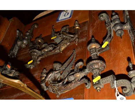 A PAIR OF VICTORIAN BRONZED WALL MOUNT LIGHT FITTINGS (incomplete) cast in the form of a mythological female figure holding a