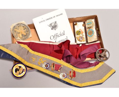 LOYAL ORDER OF MOOSE, a small collection of silver gilt, enamel and base metal medallions, pin badges and embroidered badges,