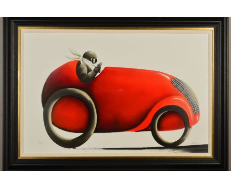 MACKENZIE THORPE (BRITISH CONTEMPORARY) 'THE FASTEST CAR IN THE WORLD' a limited edition print on board 37/75, signed bottom 