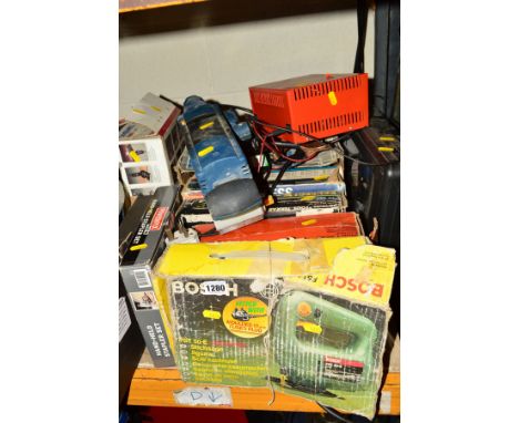 EIGHT BOXES OF ELECTRIC HAND TOOLS including a Bosch jigsaw, Black and Decker sander, jigsaw, drill, staple gun, cordless scr