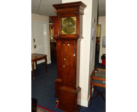 A GEORGE III OAK LONGCASE CLOCK, moulded pediment above the hood door flanked by half doric columns, brass dial with pierced 