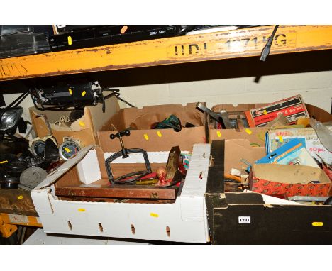 ONE BOX CONTAINING VARIOUS ELECTRIC HAND TOOLS and three boxes containing hand tools including ratchet sets, planers, rules, 