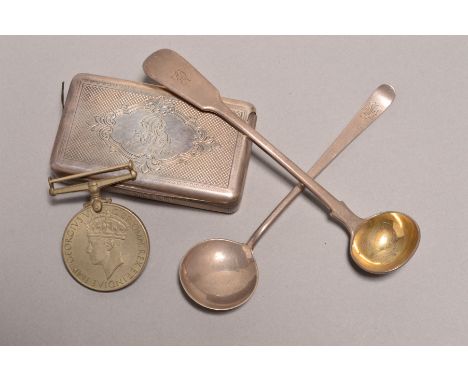 A GEORGE IV SILVER FIDDLE PATTERN CONDIMENT LADLE, worn gilt bowl, makers John, Henry &amp; Charles Lias, London 1825, togeth