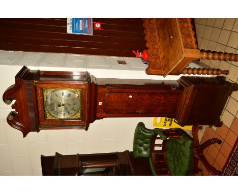 A GEORGE III OAK THIRTY HOUR LONGCASE CLOCK, broken swan neck pediment with pierced brass rosettes fluted frieze above brass 