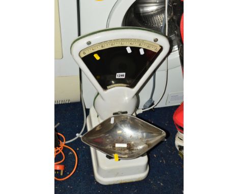 A VINTAGE ENAMEL GROCERY SCALE, together with two buckets containing steel chains (3)