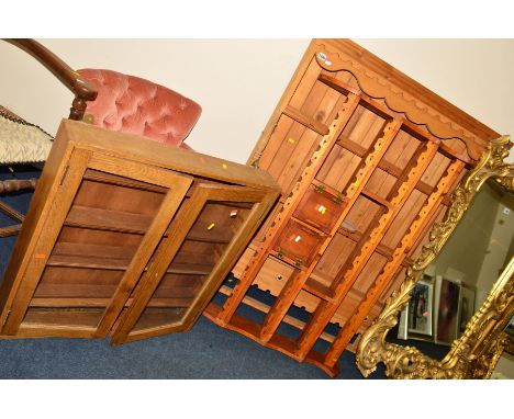 A PINE THREE TIER PLATE RACK with two drawers, width 99cm x height 127cm, together with an oak glazed two door cabinet and a 