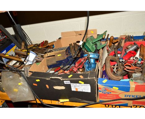 THREE BOXES OF VARIOUS HAND TOOLS including Record clamps, vices, planers, drill bit etc (3)