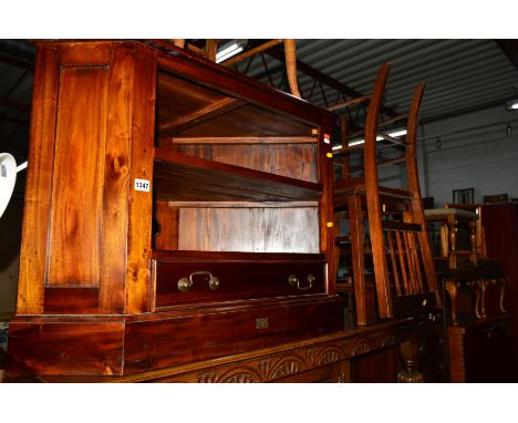 A HARDWOOD CORNER TV STAND together with three Edwardian chairs, three foot stools, standard lamp and a pine swing mirror (9)