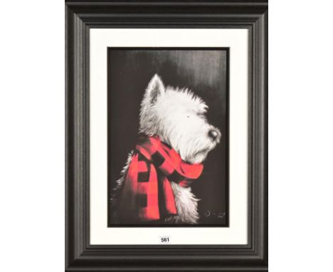 DOUG HYDE (BRITISH CONTEMPORARY) 'WEST END GIRL', a limited edition print of a Terrier dog wearing a scarf, signed lower righ