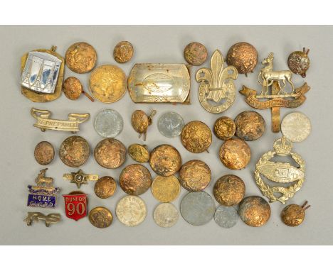 A PLASTIC STORAGE BOX CONTAINING A NUMBER OF BRITISH COINS AND BADGES, together with uniform button and a couple of enamel ba