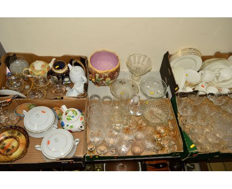 FIVE BOXES AND LOOSE CERAMICS, GLASSWARES ETC, to include a majolica jardiniere, embossed acorn handles (hairlines), height 2