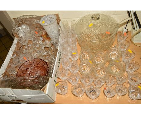 VARIOUS GLASSWARES, to include cut glass punch set (ladle broken top off handle and two broken chipped cups), various cut gla