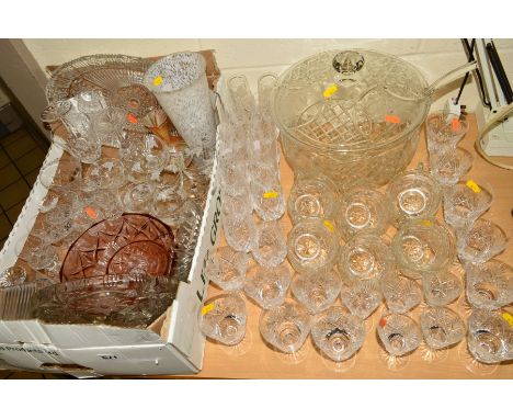 VARIOUS GLASSWARES, to include cut glass punch set (ladle broken top off handle and two broken chipped cups), various cut gla