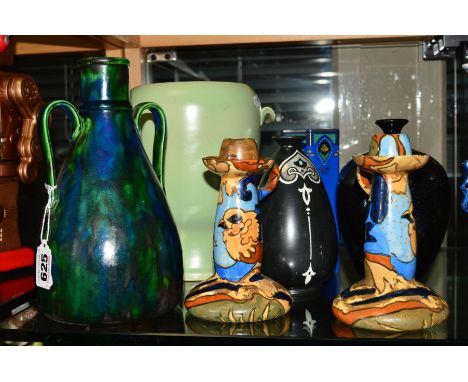 A COLLECTION OF DECORATIVE POTTERY, to include a Minton and Hollins 'Astra Ware' twin handled vase, height 22cm, a pair of Bu