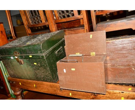 A GREEN PAINTED TIN TRUNK, together with stained tool chest, boxed MEG tester, wooden crate and a stainless steel bucket (5)
