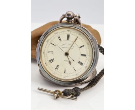 A SILVER POCKET WATCH, white enamel Roman numeral dial, dial signed 'Centre Seconds Chronograph 61884', the back engraved wit