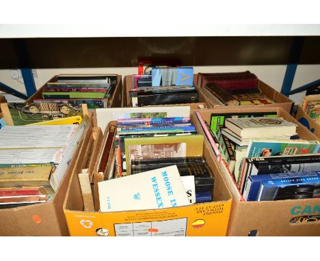 SEVEN BOXES OF BOOKS AND MAGAZINES, including automobile interest, antiques reference, topographical, etc