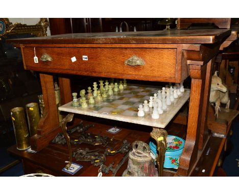 A MID 19TH CENTURY OAK ABBESS' TABLE IN THE MANNER OF EDWARD WELBY PUGIN (1834-1875), possibly later rectangula (yew wood) to