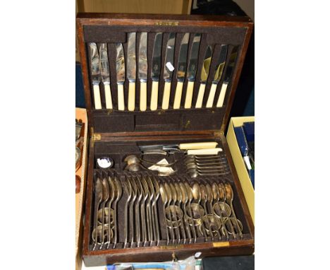 AN EARLY 20TH CENTURY OAK CASED MAPPIN &amp; WEBB CANTEEN OF SILVER PLATED CUTLERY, six settings, knives with ivorine handles