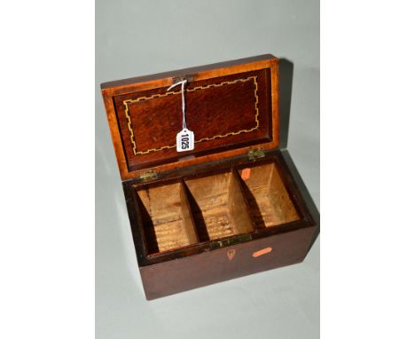 A GEORGE III MAHOGANY AND INLAID TEA CADDY of rectangular form, shell patarie to hinged lid, the interior with three division