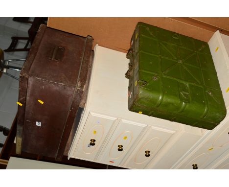 A 19TH CENTURY STAINED PINE TOOL CHEST, together with a metal ammunition crate, an oak cased Singer sewing machine (in origin