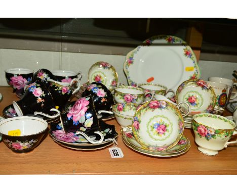 PARAGON TEAWARES, to include 'Tapestry Rose' on white ground and black ground, (some hairlines), different floral patterns et