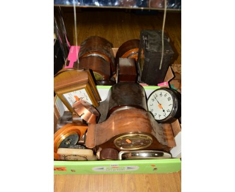 TWO BOXES OF CLOCKS to include chiming, mantle clocks, modern quartz examples, bakelite barometer etc