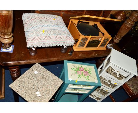 A PROLECTRIX LIGHT OAK TABLE TOP TURNTABLE/SPEAKER, together with various occasional furniture to include a stool, bathroom d