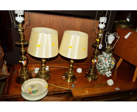 TWO PAIRS OF BRASS TABLE LAMPS WITH SHADES and a ceramic table lamp (5)