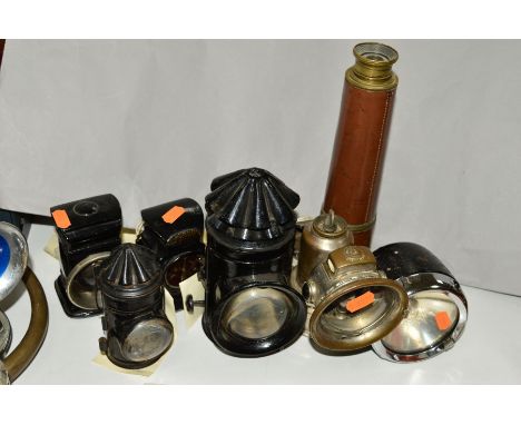 LUCAS LIGHTING LAMPS to include two police use parafin lamps, front and rear cycle parafin lamps, carbide cycle lamp and batt