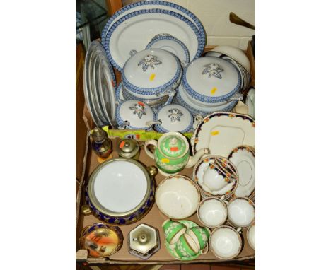 TWO BOXES OF TEA/DINNERWARES AND TRINKETS, to include 'Camel China' sifter and bowl, 'Fruit China' preserve pot, Noritake des