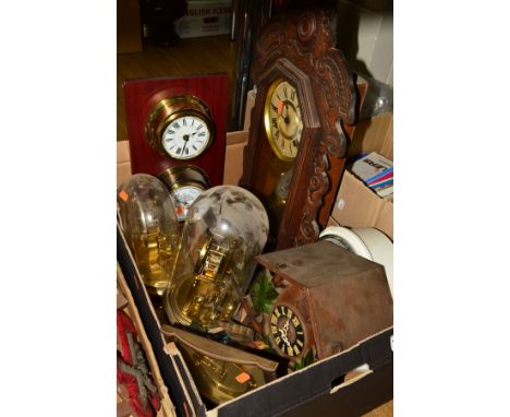 A BOX OF CLOCKS AND BAROMETER, includes 20th century wooden cuckoo clock, two anniversary clocks under domes, quartz wall clo