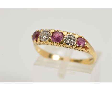 A MODERN 18CT GOLD RUBY AND DIAMOND HALF HOOP RING, scroll detail sides, ring size O, hallmarked 18ct gold, approximate gross