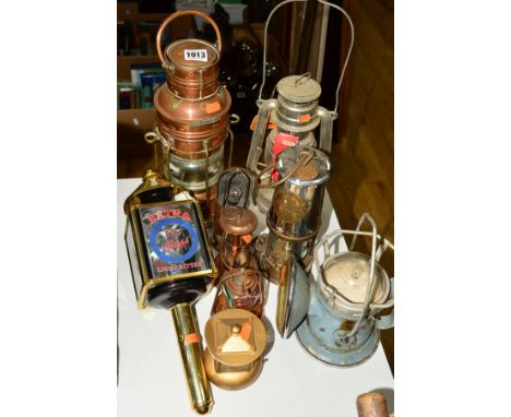 NINE LAMPS to include an Eccles minors lamp with pit tag for North Notts Colliery, Pifco inspection lamp, brass inspection la