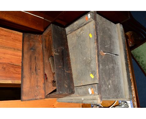 A 19TH CENTURY STAINED PINE TOOL CHEST containing various leather items, together with another pine chest containing various 