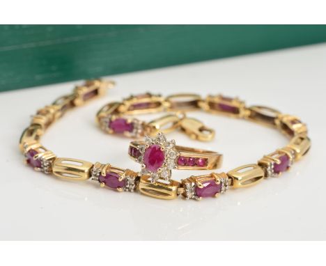 A 9CT GOLD DIAMOND AND RUBY RING AND BRACELET, the tiered cluster ring with central ruby to the brilliant cut diamond surroun