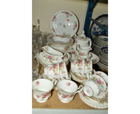 ROYAL ALBERT MOSS ROSE pattern dinner and tea wares, majority are seconds, teapot, cracked, mostly for six or eight, approxim