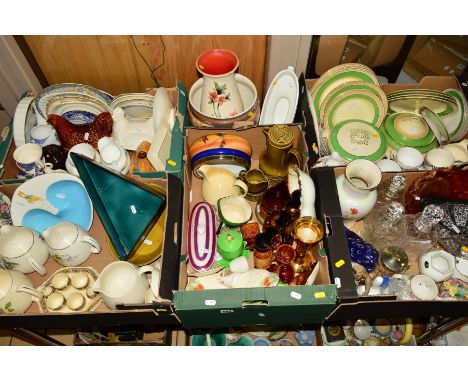 FIVE BOXES AND LOOSE CERAMICS, GLASS, etc, to include Beswick Ware Babycham ashtray, various dishes/bowls, jugs, egg cups, co