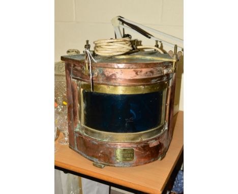 A 1940'S COPPER 'STARBOARD' SHIP'S LIGHT, bears brass plaque numbered 'A.P. 8025, S &amp; A 1941', with electric fitting, hei