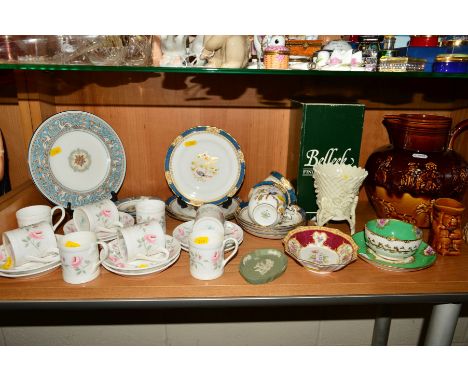 A GROUP OF CERAMICS, to include a large Arthur Wood six pint jug, hunting scenes decoration, height 22cm, a Belleek three foo