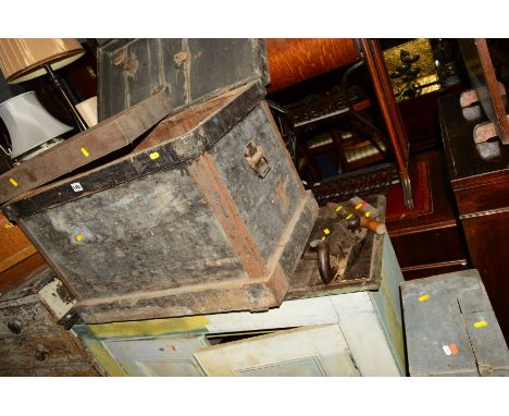 A VICTORIAN STAINED OAK TOOL CHEST, width 75cm x depth 45cm x height 53cm, together with another tool crate and a box of vari