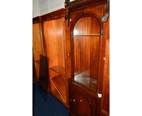 A PAIR OF YEW WOOD OPEN BOOKCASES, with adjustable shelving, width 82cm x height 194cm, mahogany open corner cupboard, yew wo