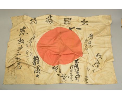 A WWII ERA IMPERIAL JAPANESE 'GOOD LUCK' FLAG, 'Yosegaki Hinomaru' measuring approximately 120cm x 90cm, the flag is commonly
