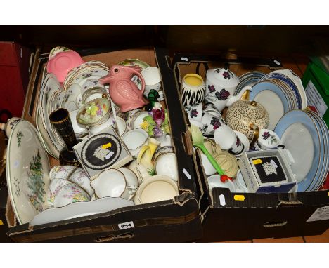 TWO BOXES TEAWARES, ORNAMENTS ETC, to include Royal Albert 'Masquerade' coffee set (one cup reglued handle), boxed Wedgwood b