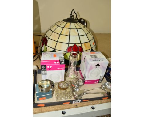 A GROUP OF METALWARES, CERAMICS AND GLASSWARE, etc, including a lead lamp shade, inkwell, EPNS sauce ladles, silver napkin ri