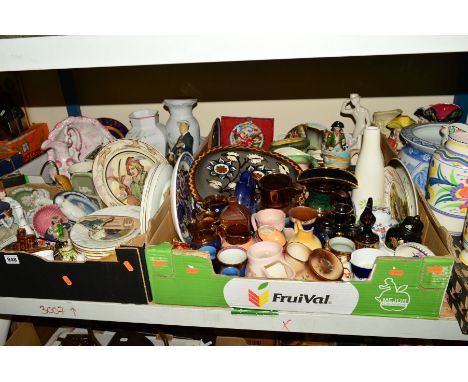 FOUR BOXES AND LOOSE CERAMICS including Victorian copper lustre jugs, Coalport Christmas plates, Poole pottery vases, s.d., S