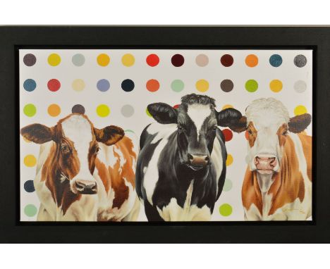 HAYLEY GOODHEAD (BRITISH CONTEMPORARY) 'DAMIENS HERD' a limited edition print on canvas 49/195, signed lower right, no certif