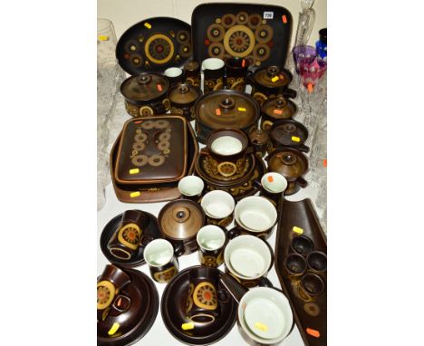 DENBY ARABESQUE DINNERWARES, to include tureens, cups, saucers, plates, egg cups etc (over forty pieces)