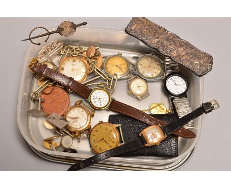 A SMALL BOX containing wristwatches and watch cases, cufflinks, brooches, a silver foldable comb etc